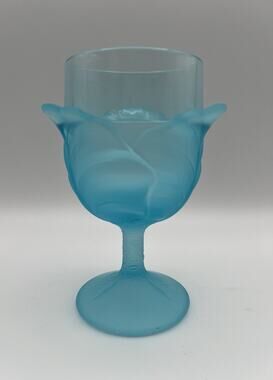 LG Wright Blue Satin Glass Cabbage Leaf Water Goblet Wine Glass 6.25” Vintage